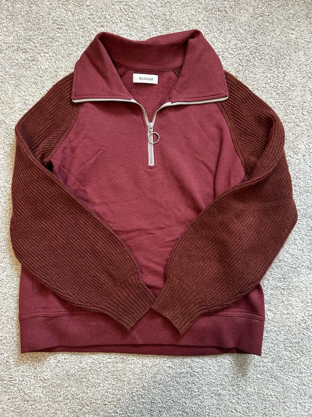 NAADAM Women’s Quarter Zip-Neck Sweater in Burgundy Cotton/Cashmere Size Medium